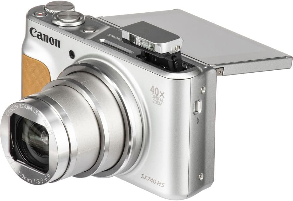 Appareil photo digital Canon PowerShot SX740 HS (argent) – 20,3 Mpx, grossissement optique 40x, vidéo 4K UHD, Wi-Fi et Bluetooth, compact et adapté aux déplacements (2956C001) + étui + carte de stockage 64 Go