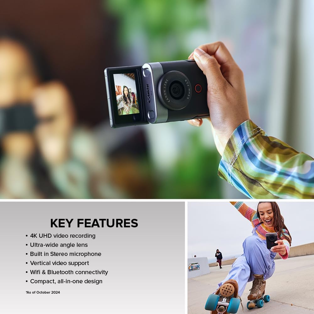 Canon PowerShot V10, appareil photo compact pour vlogging, capteur CMOS 1 pouce, streaming vidéo 4K, objectif zoom grand angle intégré, écran LCD orientable et micro stéréo, stabilisation d'image, studio de création dans votre poche, - Noir.