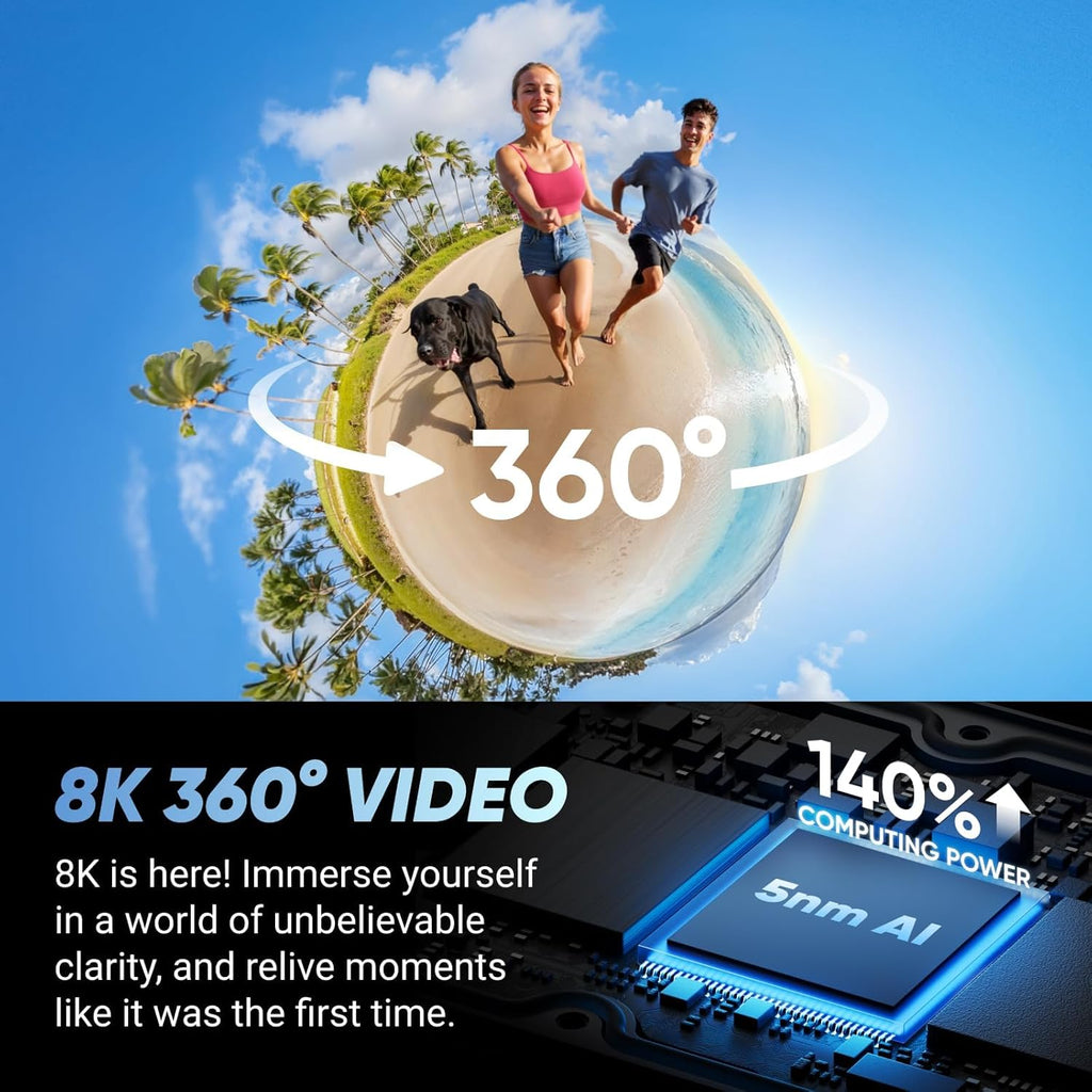 Kit Insta360 X4 : Caméra d'action 360° étanche 8K, vidéo grand angle 4K, perche à selfie invisible, protections d'objectif amovibles, autonomie de 135 min, montage IA, stabilisation.