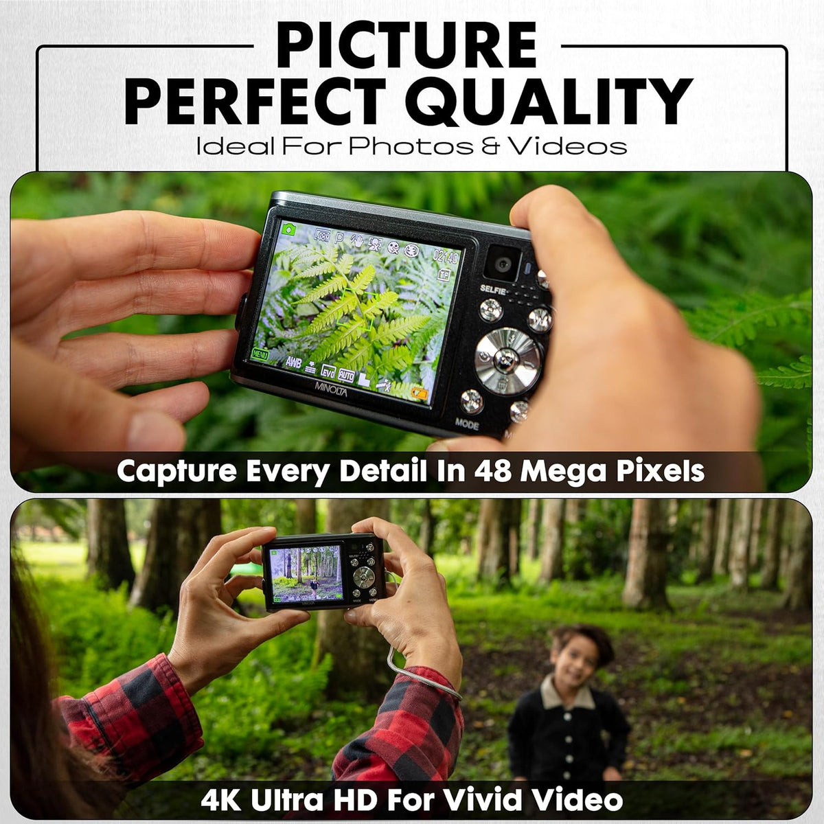 Appareil photo digital Minolta 48 MP avec objectif selfie arrière – Vidéo 4K Ultra HD, écran LCD 2,8 pouces, zoom numérique 16x, autofocus, ralenti, filtres time-lapse, modes scène, carte 32 Go incluse (bleu)