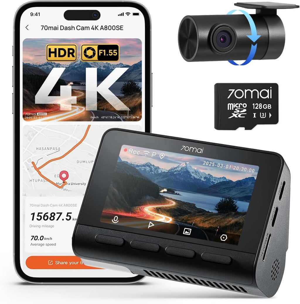 Caméra embarquée 70mai 4K doté de vision avant et arrière, Wi-Fi 6 et GPS intégrés, vision nocturne exceptionnelle, ADAS, écran IPS 3 pouces, mode parking 24h, enregistrement en boucle accéléré doté de carte 128 Go (A800SE)