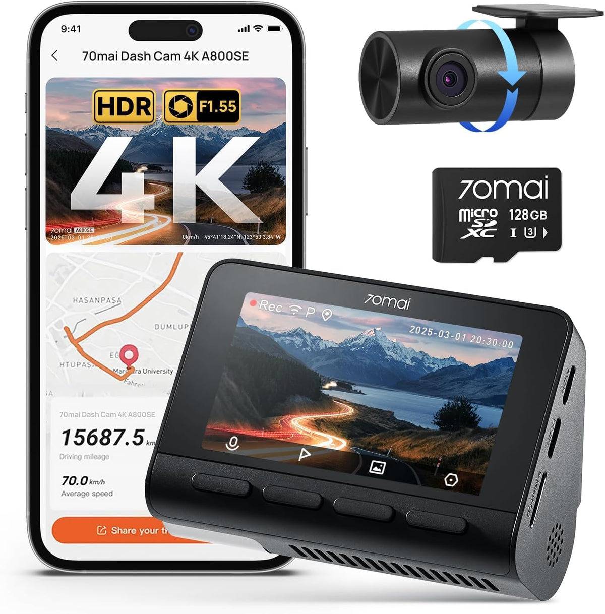 Caméra embarquée 70mai 4K doté de vision avant et arrière, Wi-Fi 6 et GPS intégrés, vision nocturne exceptionnelle, ADAS, écran IPS 3 pouces, mode parking 24h, enregistrement en boucle accéléré doté de carte 128 Go (A800SE)