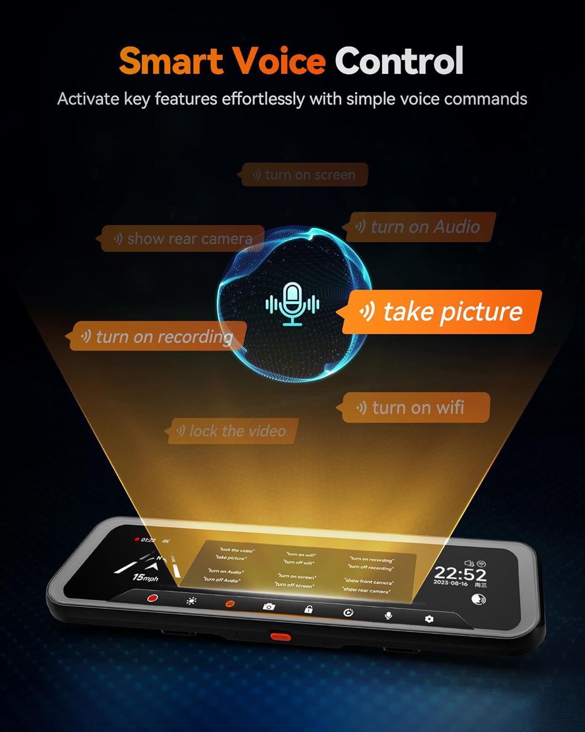 WOLFBOX G900 Tripro Cabine Version Caméra de rétroviseur 4K 3 canaux, capteur STARVIS IMX678 8MP, vision nocturne 4K+1080P+2,5K, caméra embarquée avant et arrière, Wi-Fi 5,8 GHz, commande vocale, carte de stockage 256 Go incluse