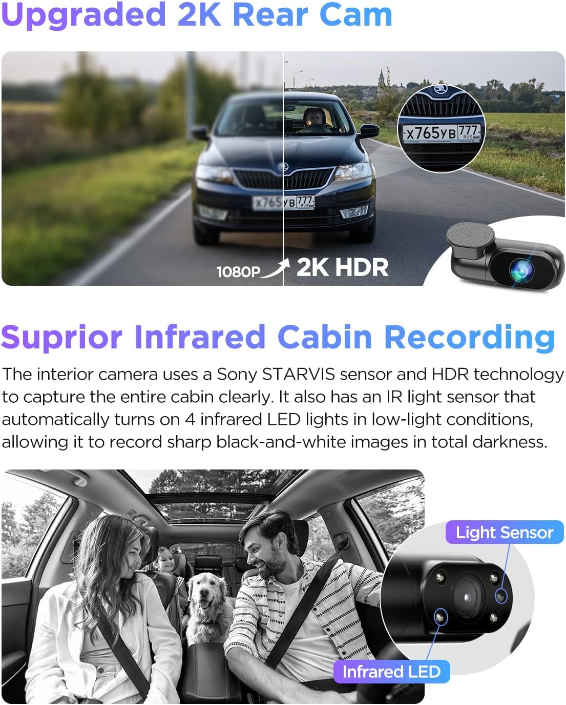 Caméra embarquée VIOFO A229 Pro 3 canaux 4K HDR doté de double capteur STARVIS 2 IMX678 et IMX675, triple caméra avant, intérieure et arrière (4K + 2K + 1080p), Wi-Fi 5 GHz, GPS, commande vocale et mode parking 24h.