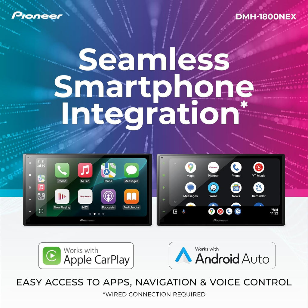 Autoradio multimédia numérique double DIN Pioneer DMH-1800NEX 6,8 pouces - Bluetooth intégré, Apple CarPlay et Android Auto, affichage tactile, entrée caméra de recul