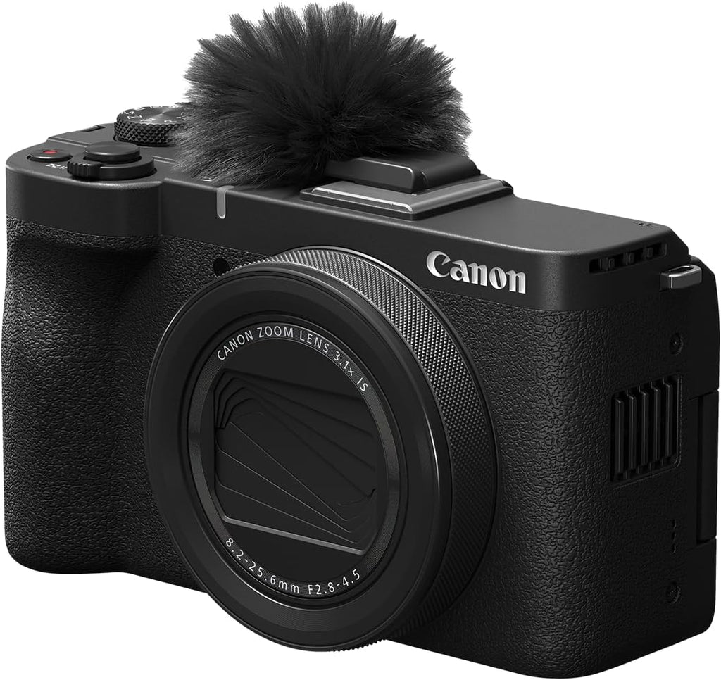 Appareil photo hybride Canon PowerShot V1 : objectif zoom ultra grand-angle intégré, vidéo 4K, vlogging, streaming en direct, création de contenu, design compact.