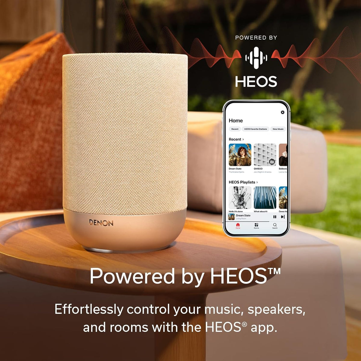 Enceinte Denon Home 200, enceinte sans fil doté de son stéréo et Dolby Atmos 3D, appareil audio domestique, contrôle multiroom HEOS, Wi-Fi, Bluetooth, AirPlay 2, couleur pierre