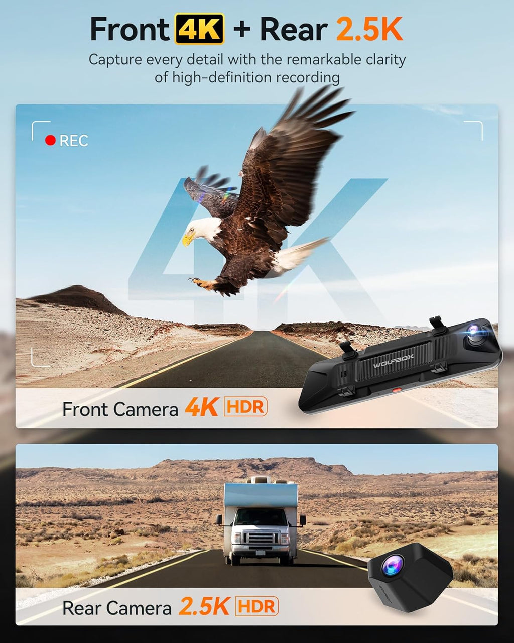 Caméra embarquée WOLFBOX G900 PRO doté de capteur STARVIS IMX678 8 MP, rétroviseur de 12 pouces doté de caméra avant 4K et arrière 2,5K, carte de stockage 128 Go incluse, commande vocale, Wi-Fi 5,8 GHz, enregistrement en boucle, capteur G et GPS.
