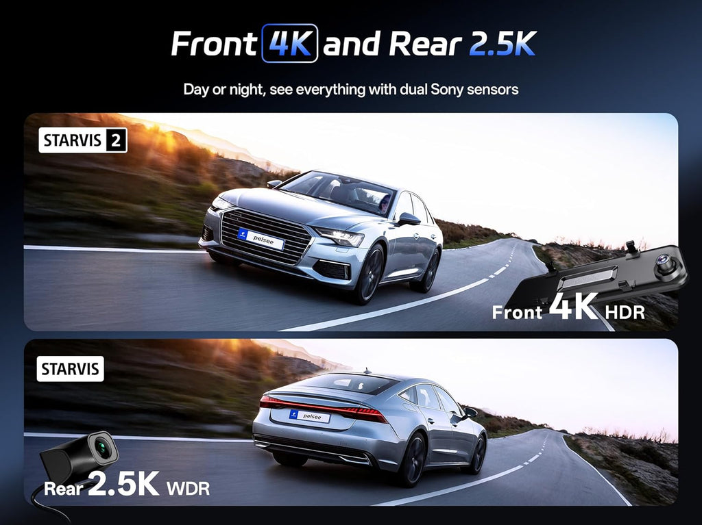 Caméra embarquée Pelsee 4K+2,5K doté de rétroviseur, caméra avant Starvis 2 IMX678 et caméra arrière IMX335 12 pouces, vision nocturne couleur, Wi-Fi 5,8 GHz, ADAS et BSD inclus, kit de câblage OBD, carte de stockage 128 Go, P12 Pro Max