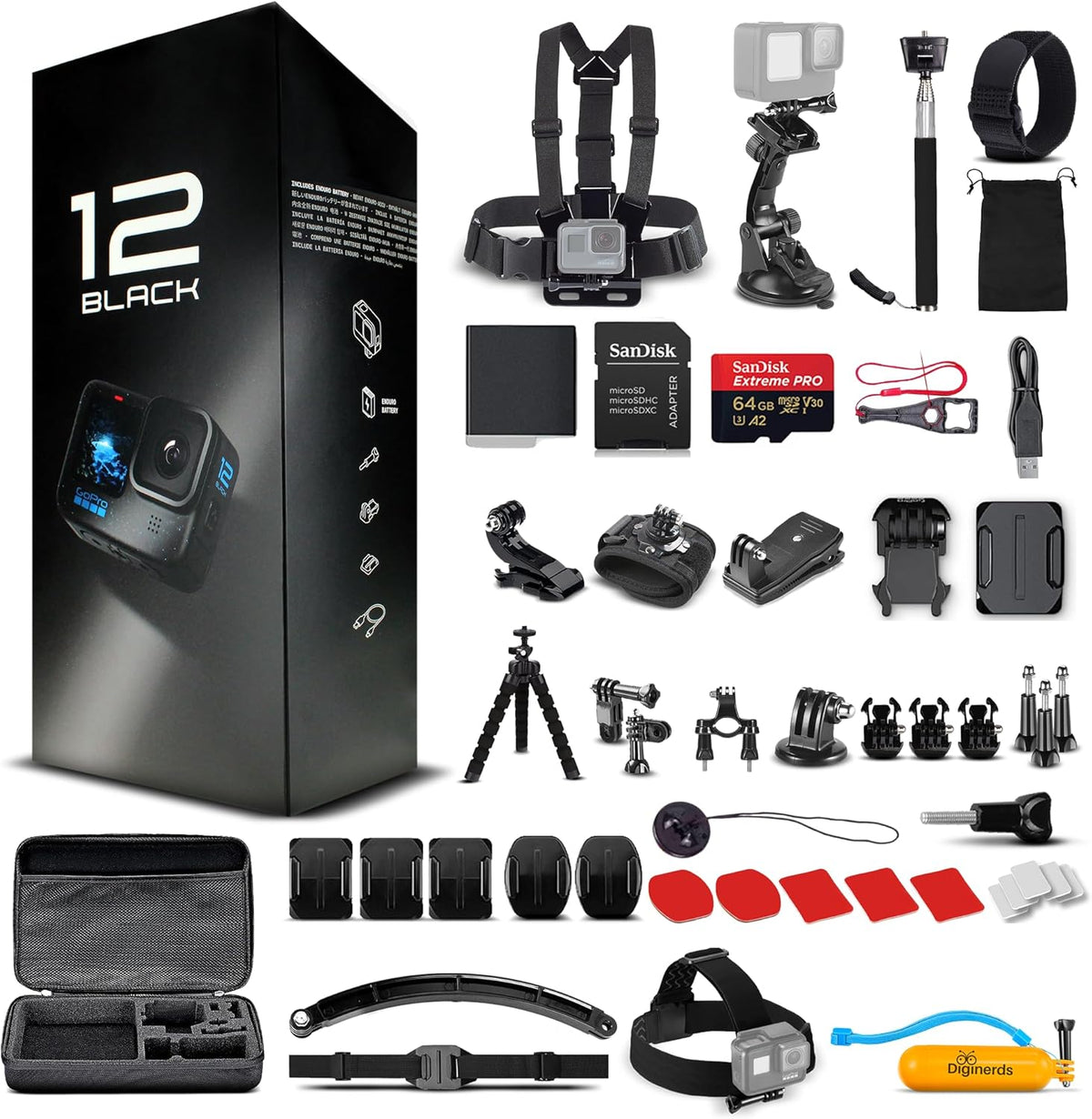 GoPro HERO12 (Hero 12) Noire - Caméra sportive résistant à l’eau doté de vidéo HDR 5,3K, photos 27 MP, capteur d'image 1/1,9", webcam stabilisée pour le streaming en direct + carte mémoire 64 Go et kit de 50 accessoires - Pack