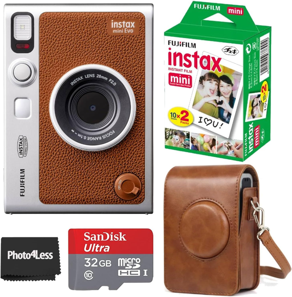 Appareil photo instantané Fujifilm Instax Mini EVO Hybrid marron | Kit de 2 films instantanés Instax Mini | Carte microSD 32 Go avec adaptateur | Étui marron pour appareil photo