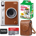 Appareil photo instantané Fujifilm Instax Mini EVO Hybrid marron | Kit de 2 films instantanés Instax Mini | Carte microSD 32 Go avec adaptateur | Étui marron pour appareil photo
