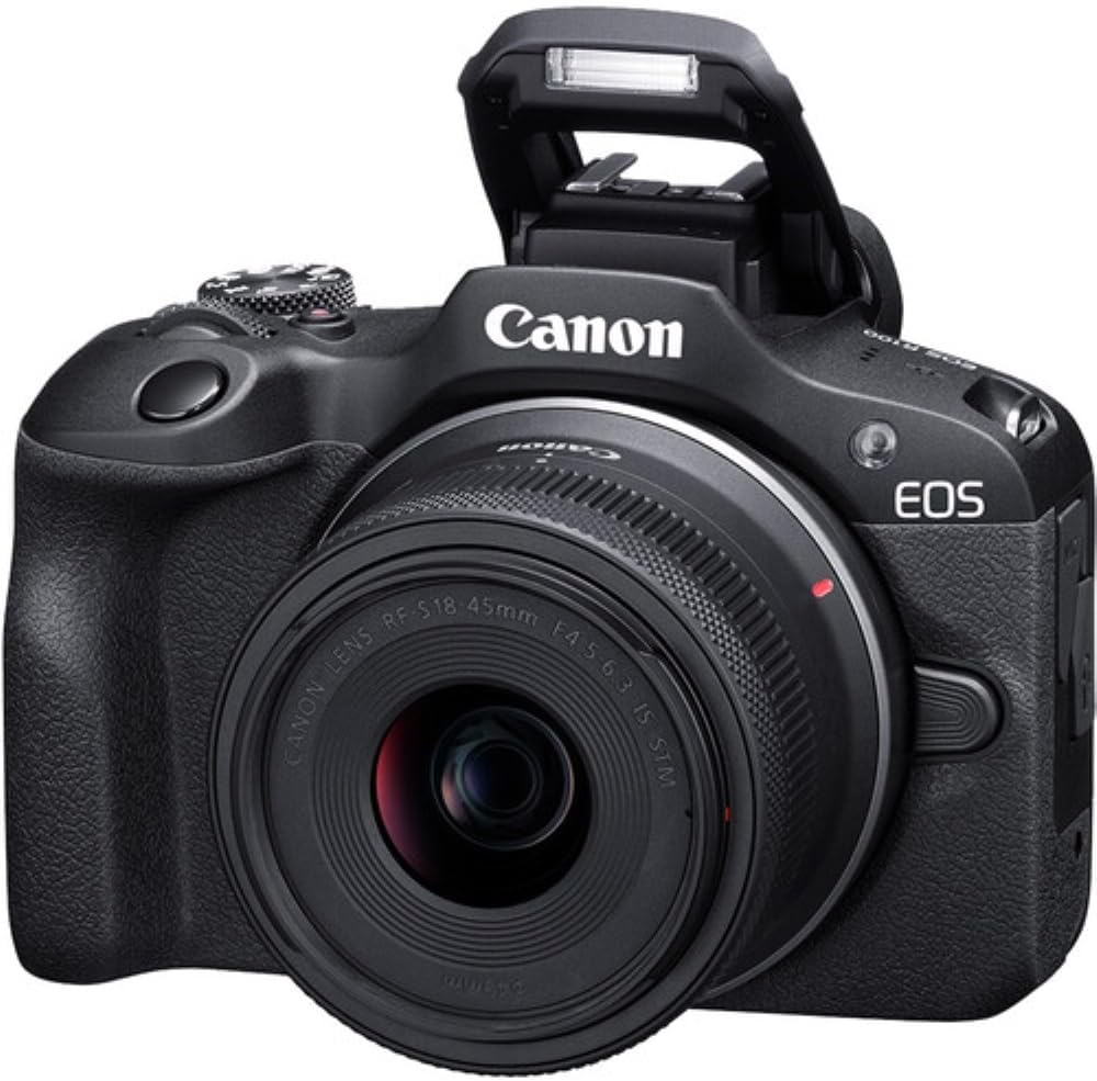 Appareil photo hybride Canon EOS R100 doté de objectif RF-S 18-45 mm F4.5-6.3 IS STM, capteur CMOS 24,1 mégapixels (APS-C), vidéo 4K, monture RF | Noir | Livré doté de carte de stockage 64 Go et sacoche (3 articles)