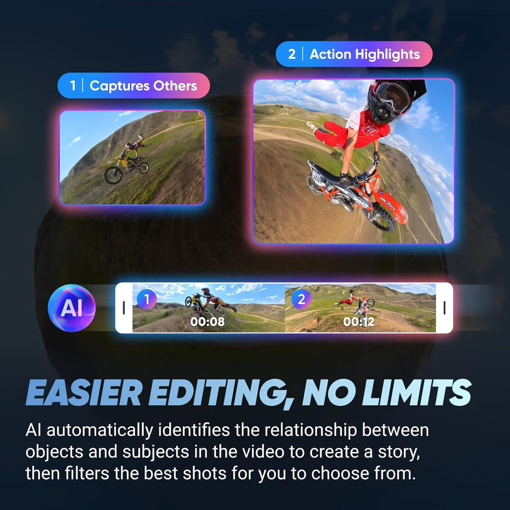 Kit Insta360 X4 : Caméra d'action 360° étanche 8K, vidéo grand angle 4K, perche à selfie invisible, protections d'objectif amovibles, autonomie de 135 min, montage IA, stabilisation.
