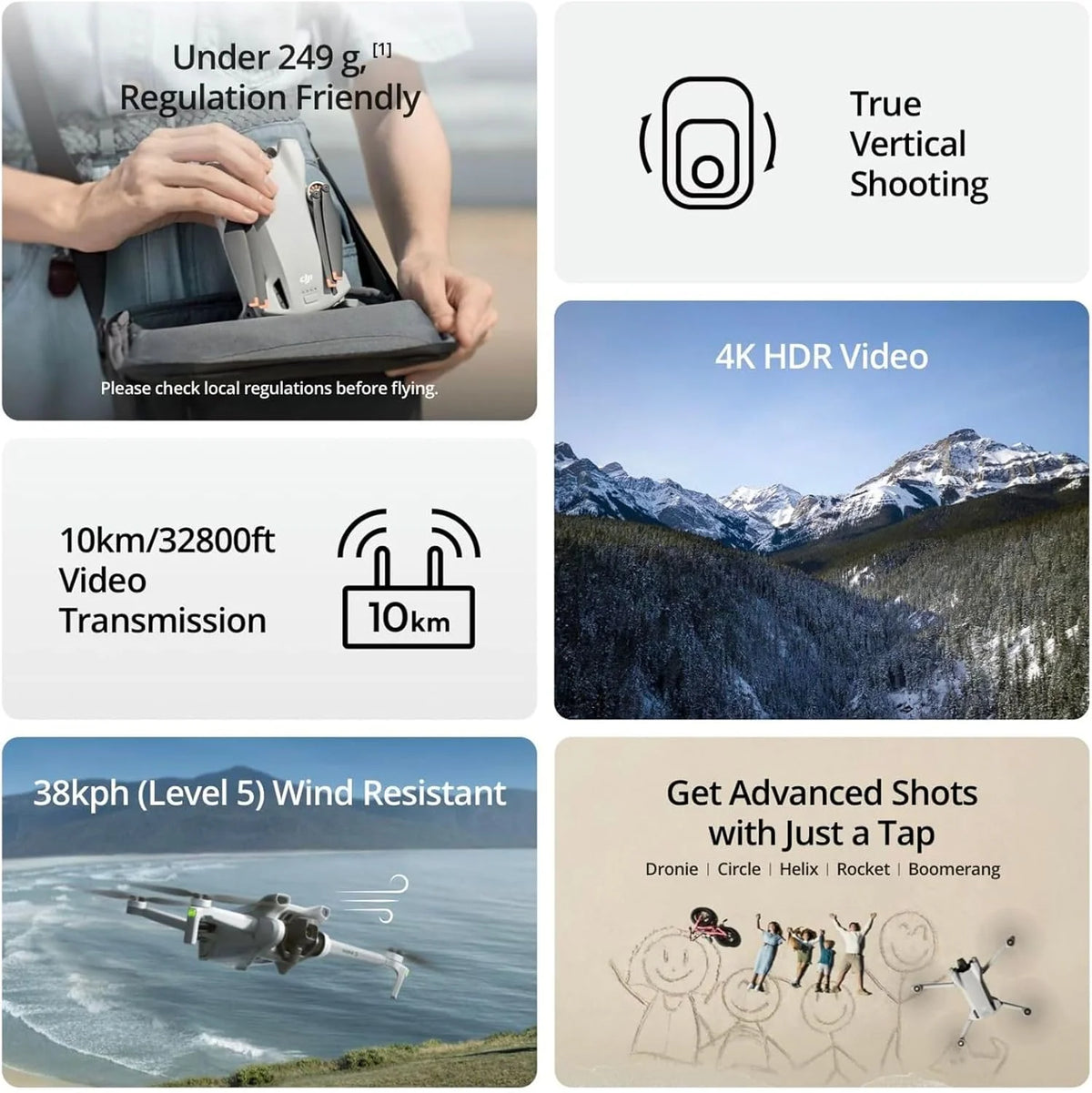 DJI Mini 3, Drone doté de caméra pour adultes, 4K, 38 min d'autonomie, transmission vidéo jusqu'à 10 km, prise de vue verticale, retour automatique GPS intégré, Mini drone doté de caméra pour débutants