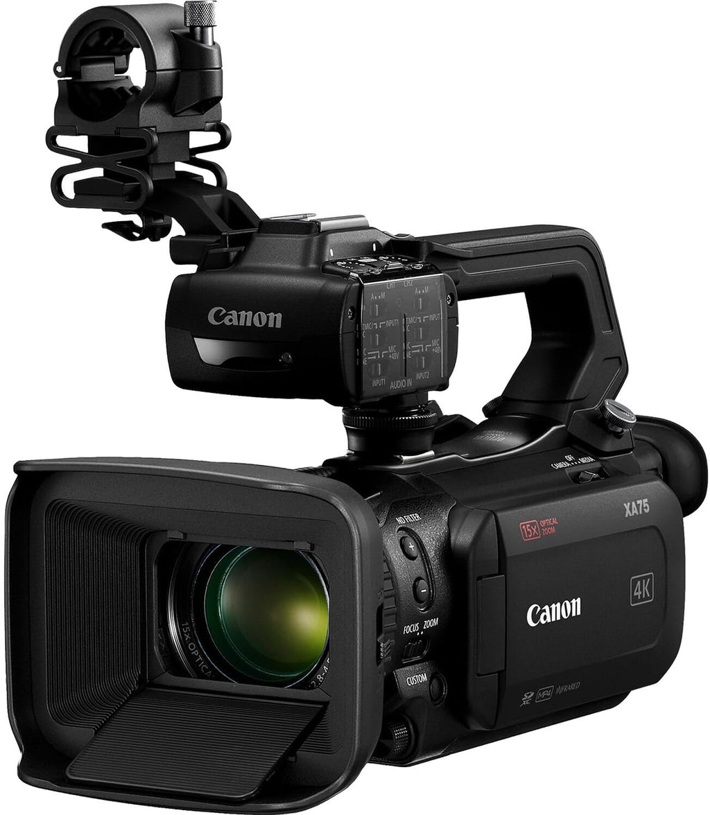 Caméscope professionnel Canon XA75 UHD 4K doté de zoom optique 15x, capteur CMOS 1 pouce, double sortie audio XLR, sorties SDI et HDMI, autofocus Dual Pixel, USB-C, streaming en direct et stabilisation 5 axes (inclus).
