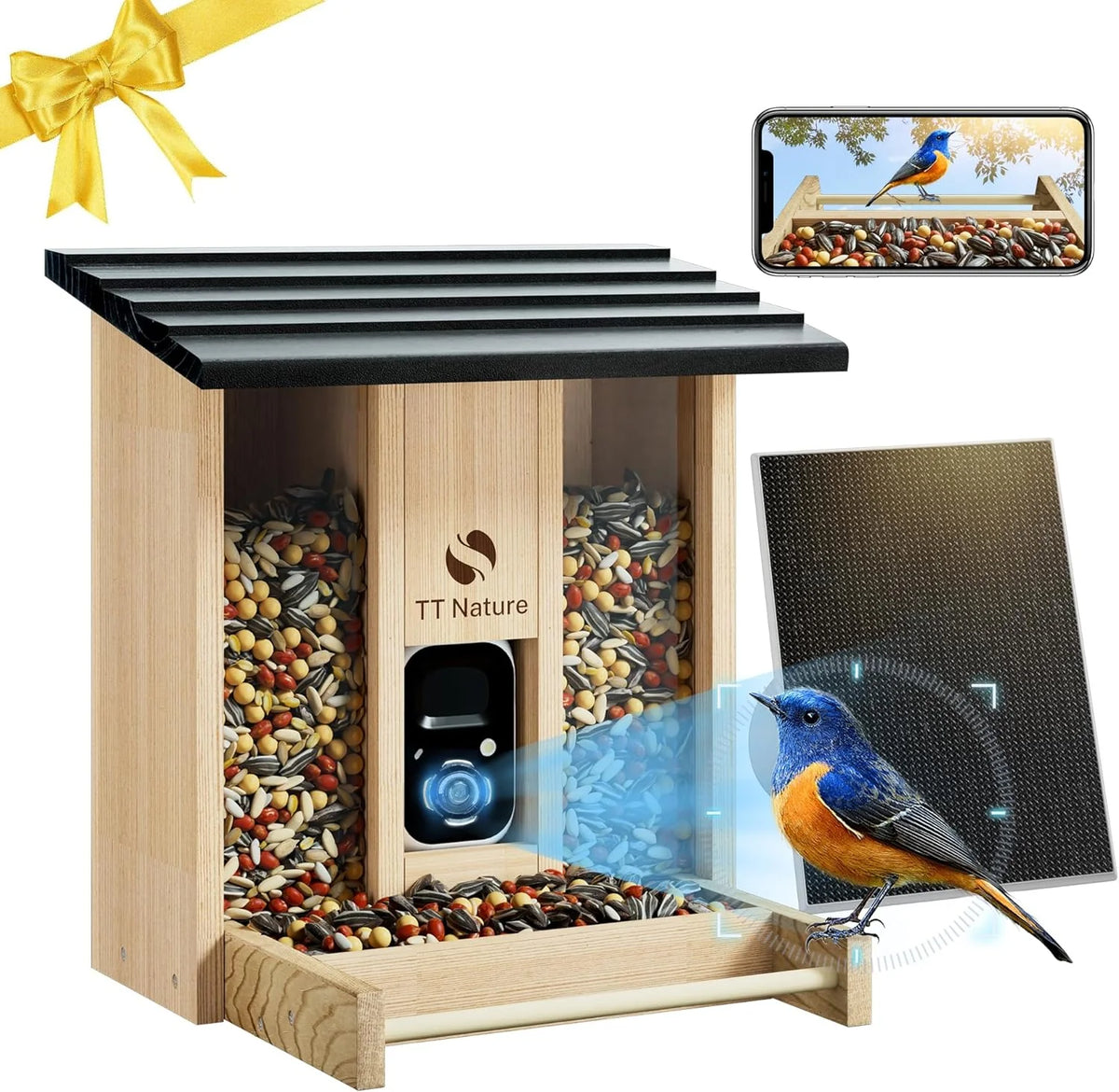 Mangeoire doté de caméra, mangeoire intelligente améliorée à énergie solaire, identification par IA de plus de 10 000 espèces d'oiseaux, capture automatique des oiseaux, notifications en temps réel, cadeau idéal pour les amoureux des oiseaux (– Noir)