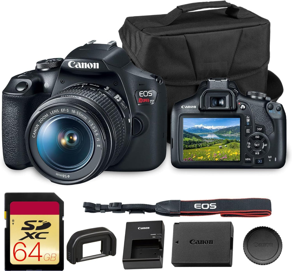 Appareil photo reflex numérique Canon EOS Rebel T7 | Capteur CMOS APS-C 24,1 Mpx avec processeur d'image DIGIC 4+ | Wi-Fi et NFC intégrés | Compatible avec les objectifs EF | Kit photo pour débutants avec sacoche et carte de stockage 64 Go