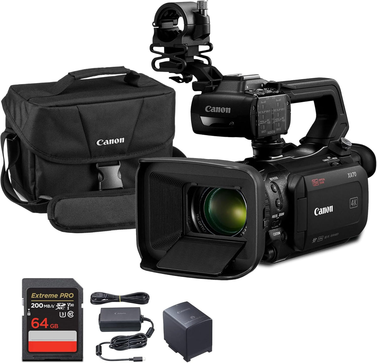 Caméscope professionnel Canon XA70 UHD 4K30 : capteur CMOS 4K UHD 1 pouce, autofocus CMOS Dual Pixel, grossissement optique 15x, grossissement numérique 600x, diffusion en direct via USB