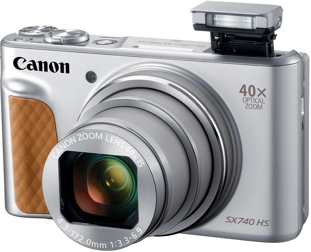 Appareil photo digital Canon PowerShot SX740 HS (argent) – 20,3 Mpx, grossissement optique 40x, vidéo 4K UHD, Wi-Fi et Bluetooth, compact et adapté aux déplacements (2956C001) + étui + carte de stockage 64 Go