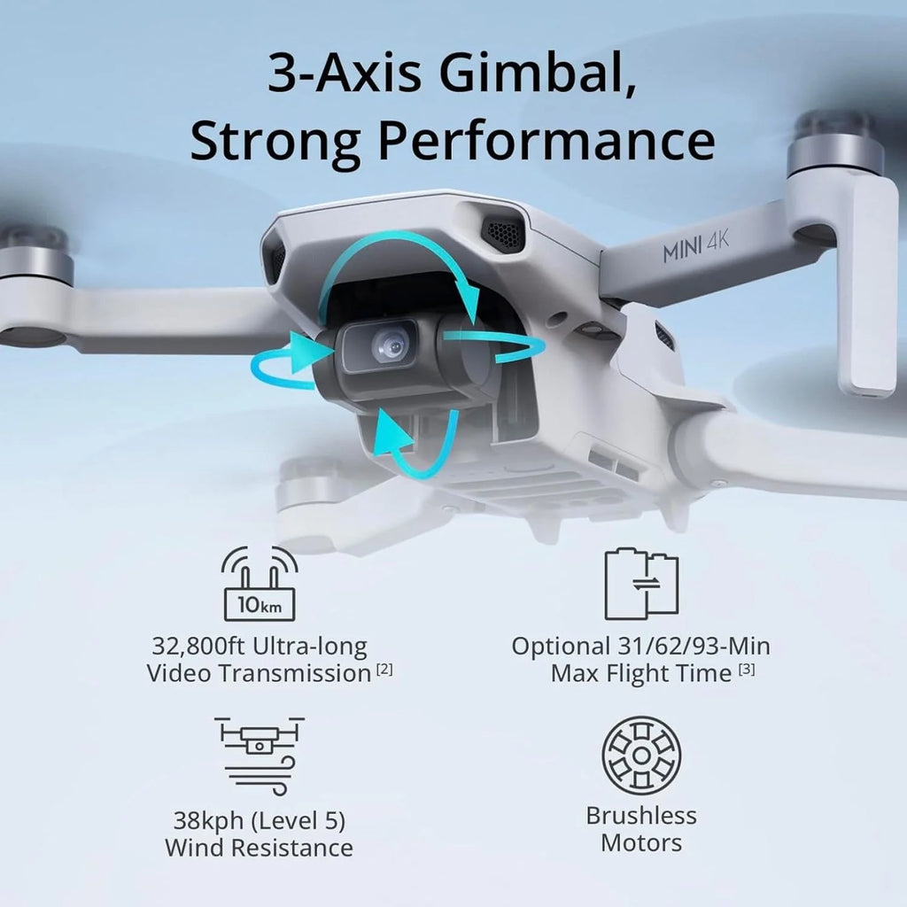 DJI Mini 4K, drone doté de caméra 4K UHD pour adultes, moins de 249 g, stabilisation sur nacelle 3 axes, transmission vidéo jusqu'à 10 km, retour automatique, résistance au vent, autonomie maximale de 31 minutes doté de une seule batterie