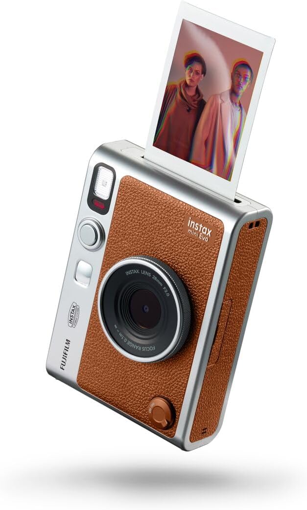 Appareil photo instantané Fujifilm Instax Mini EVO Hybrid marron | Kit de 2 films instantanés Instax Mini | Carte microSD 32 Go avec adaptateur | Étui marron pour appareil photo