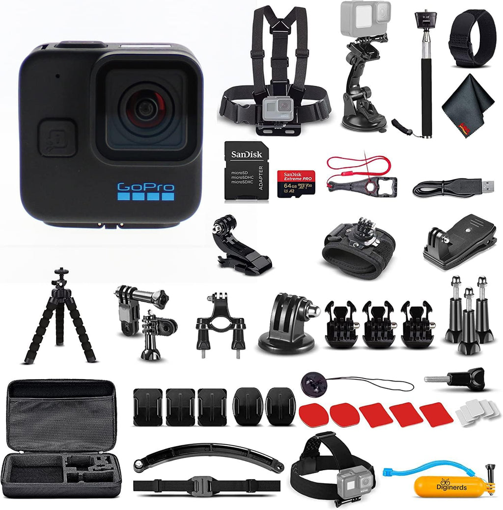 GoPro HERO11 (Go Pro Hero11) Mini Noire - Caméra d'action étanche doté de vidéo Ultra HD 5,3K, photos 24,7 MP, capteur 1/1,9", stabilisation + kit d'accessoires 50 en 1 + carte de stockage 64 Go + plus