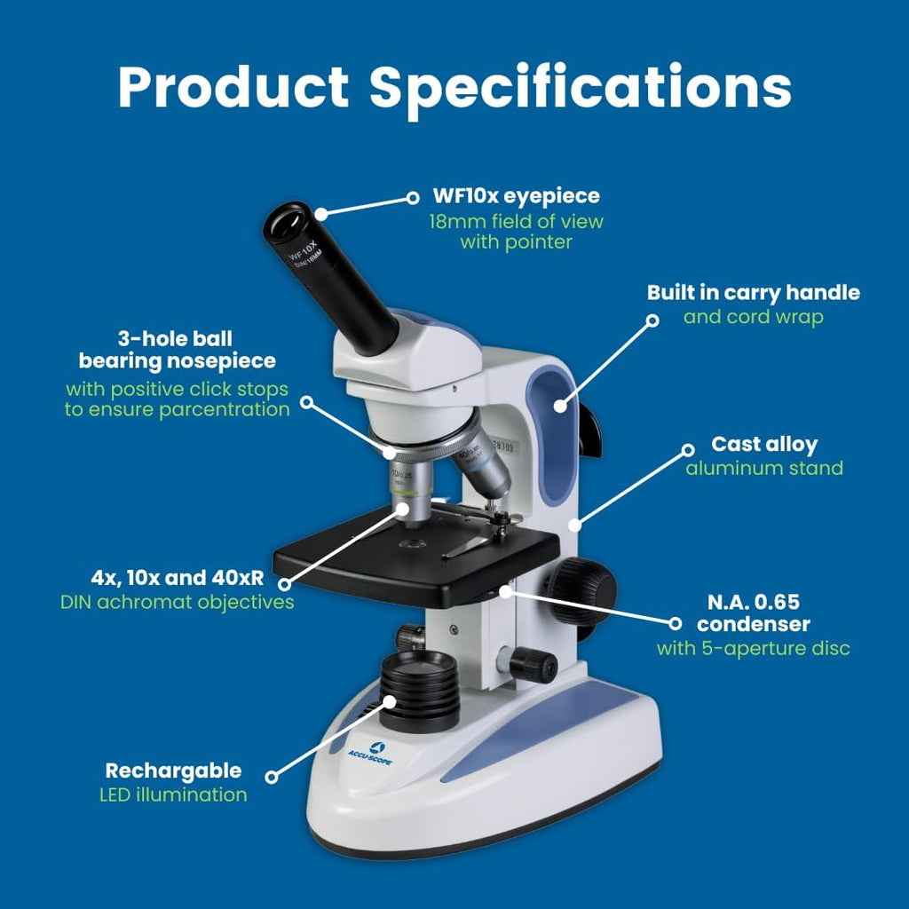 Microscope composé Accu-Scope EXM-150 - Tête monoculaire, grossissement 40-400x, diaphragme à disque, sans fil, éclairage LED - Microscope biologique résistant aux chocs, idéal pour les étudiants, les laboratoires scolaires et la maison…