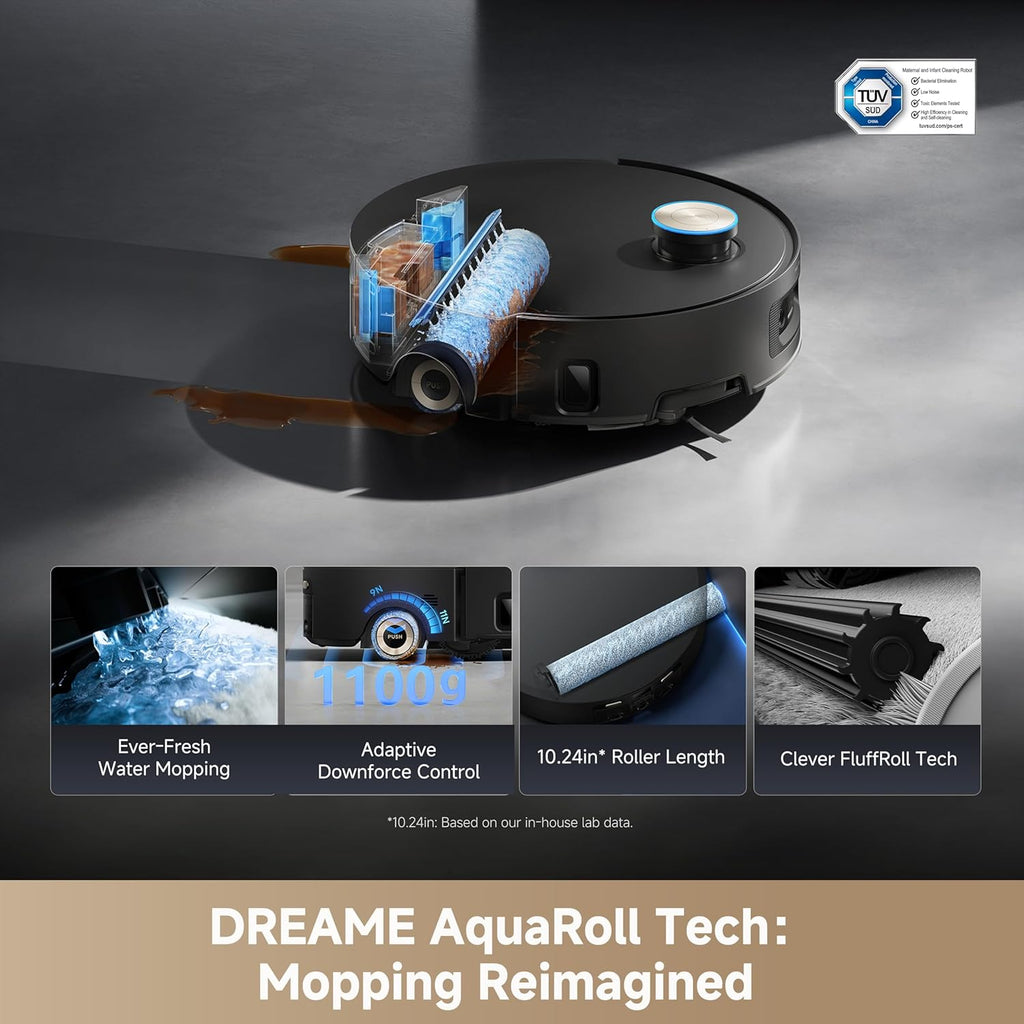 Aspirateur et laveur robot DREAME Aqua10 Ultra Roller : aspiration de 30 000 Pa, station de nettoyage automatique, serpillère à rouleau extensible, lavage et séchage à chaud, protection des tapis, caméra IA et technologie d’évitement LiDAR