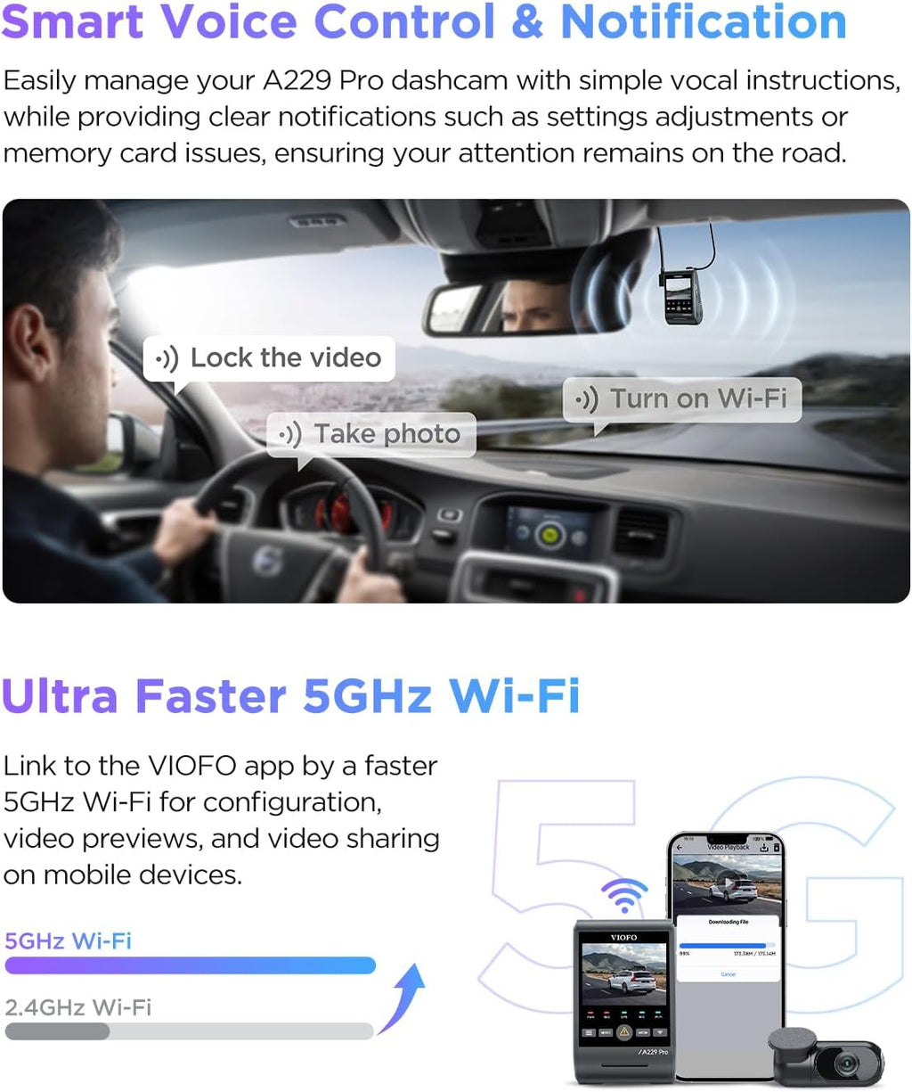 Caméra embarquée VIOFO A229 Pro 4K HDR, double capteur STARVIS 2 IMX678/IMX675, caméra avant et arrière 4K+2K, 2 canaux, HDR, commande vocale, Wi-Fi 5 GHz, GPS, vision nocturne 2.0, mode parking 24h – Présentation