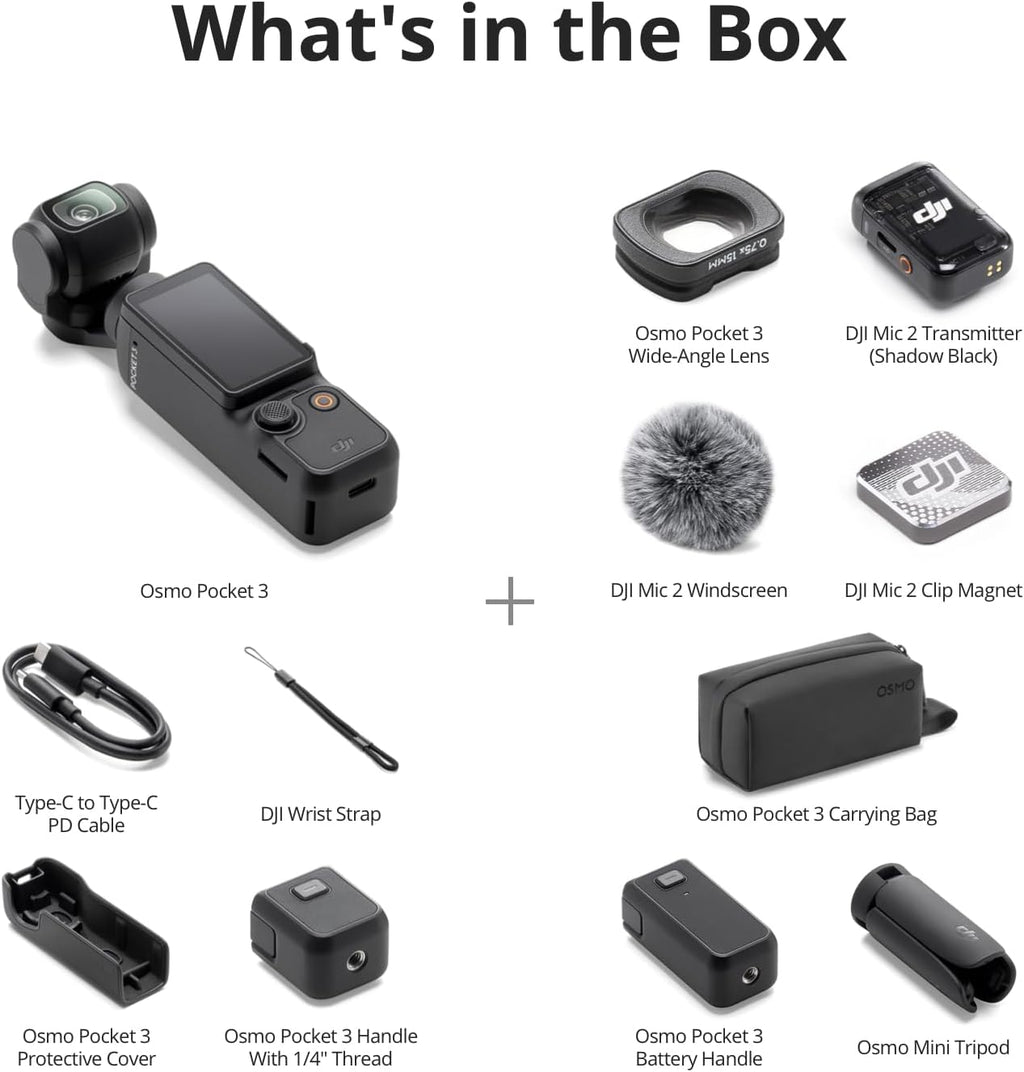 DJI Osmo Pocket 3 Creator Combo : Caméra Vlog 4K doté de capteur CMOS 1 pouce et 120 images/s, stabilisation sur 3 axes, suivi du visage et des objets, micro inclus pour un son clair, adaptée à YouTube.