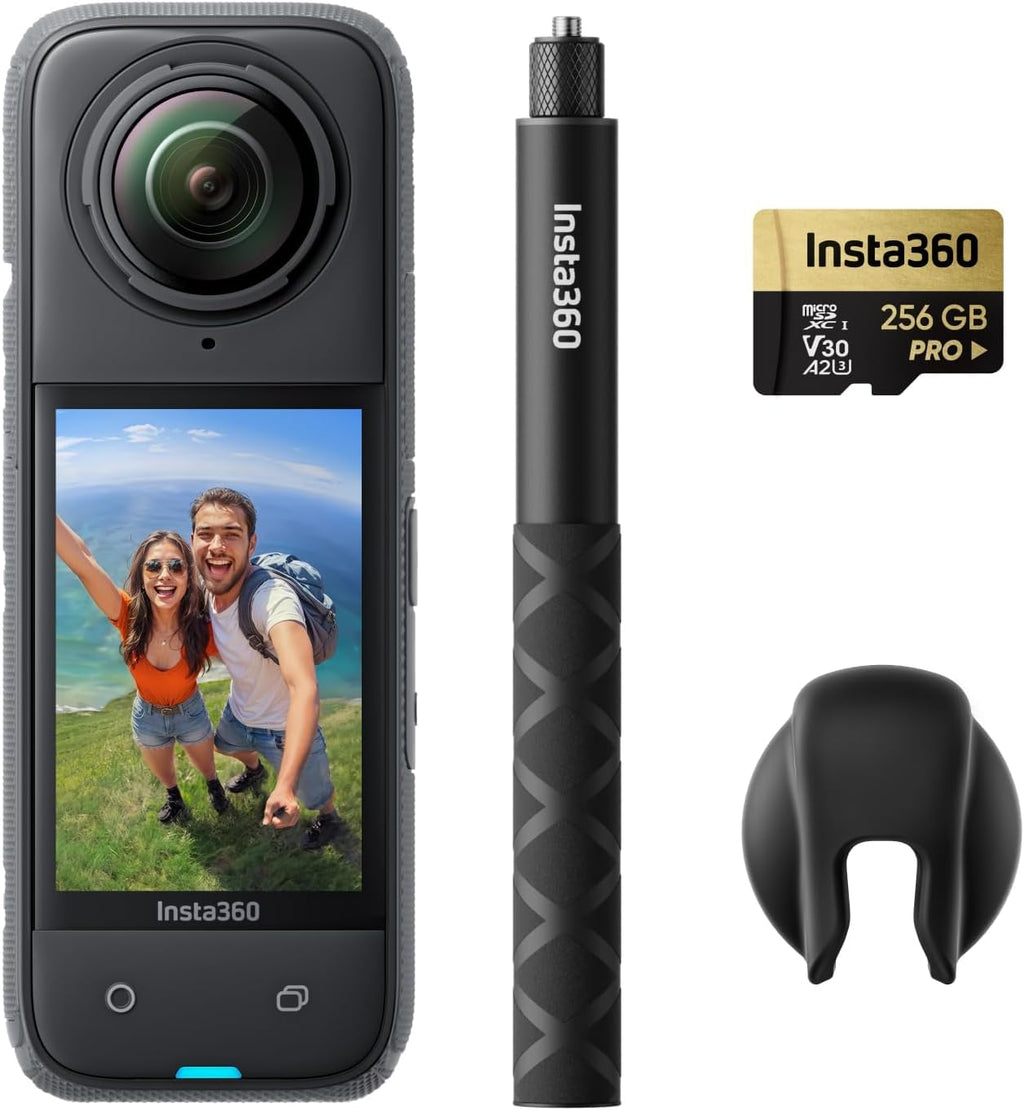 Kit Insta360 X4 : Caméra d'action 360° étanche 8K, vidéo grand angle 4K, perche à selfie invisible, protections d'objectif amovibles, autonomie de 135 min, montage IA, stabilisation.