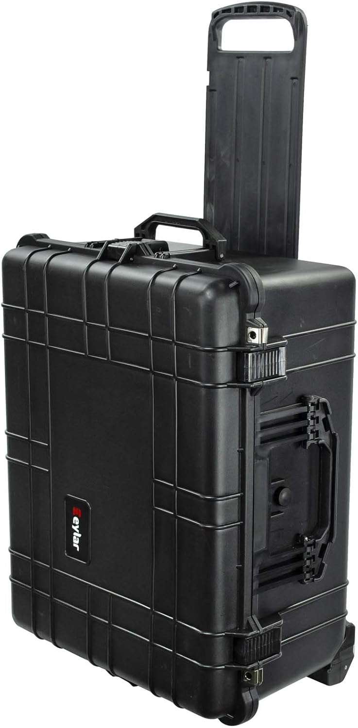 Étui rigide de protection à roulettes Eylar XL 23,75 pour appareils photo, drones, outils et équipements audiovisuels, résistant à l’eau IP67, résistant aux chocs et doté d'inserts en mousse personnalisables (– Noir)
