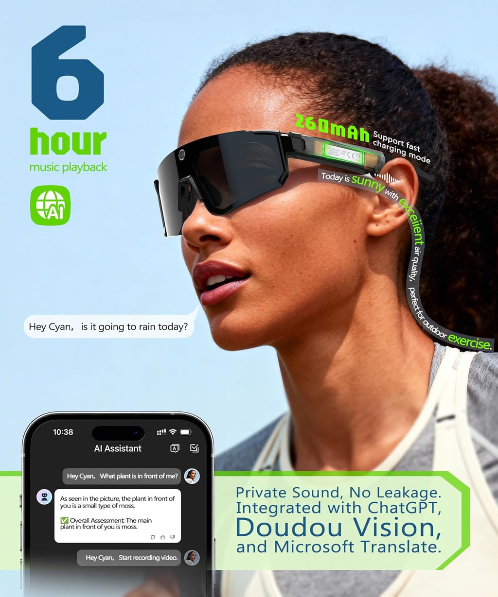 Lunettes intelligentes IA doté de caméra, enregistrement vidéo 4K, lunettes de soleil de sport polarisées doté de stabilisation EIS, double microphone et réduction du bruit, IP66, compatible ChatGPT