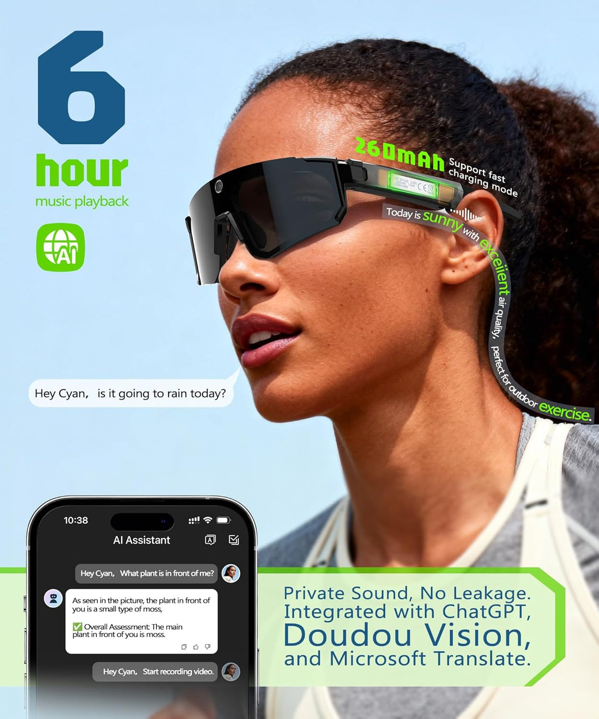 Lunettes intelligentes IA doté de caméra, enregistrement vidéo 4K, lunettes de soleil de sport polarisées doté de stabilisation EIS, double microphone et réduction du bruit, IP66, compatible ChatGPT