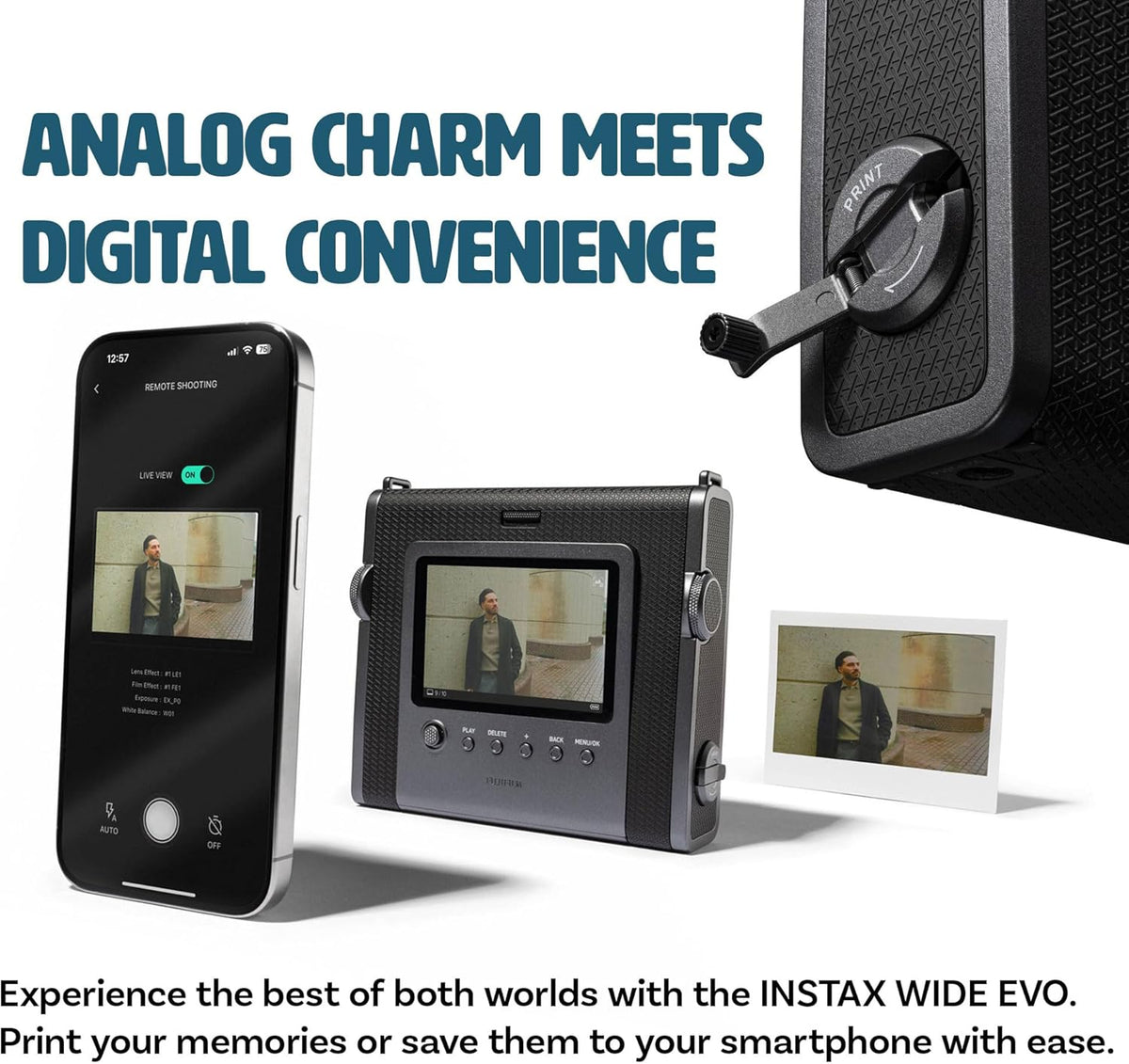Appareil photo instantané hybride Fujifilm Instax Wide Evo doté de étui de transport compatible, carte mémoire 32 Go, chiffon de nettoyage et accessoires.
