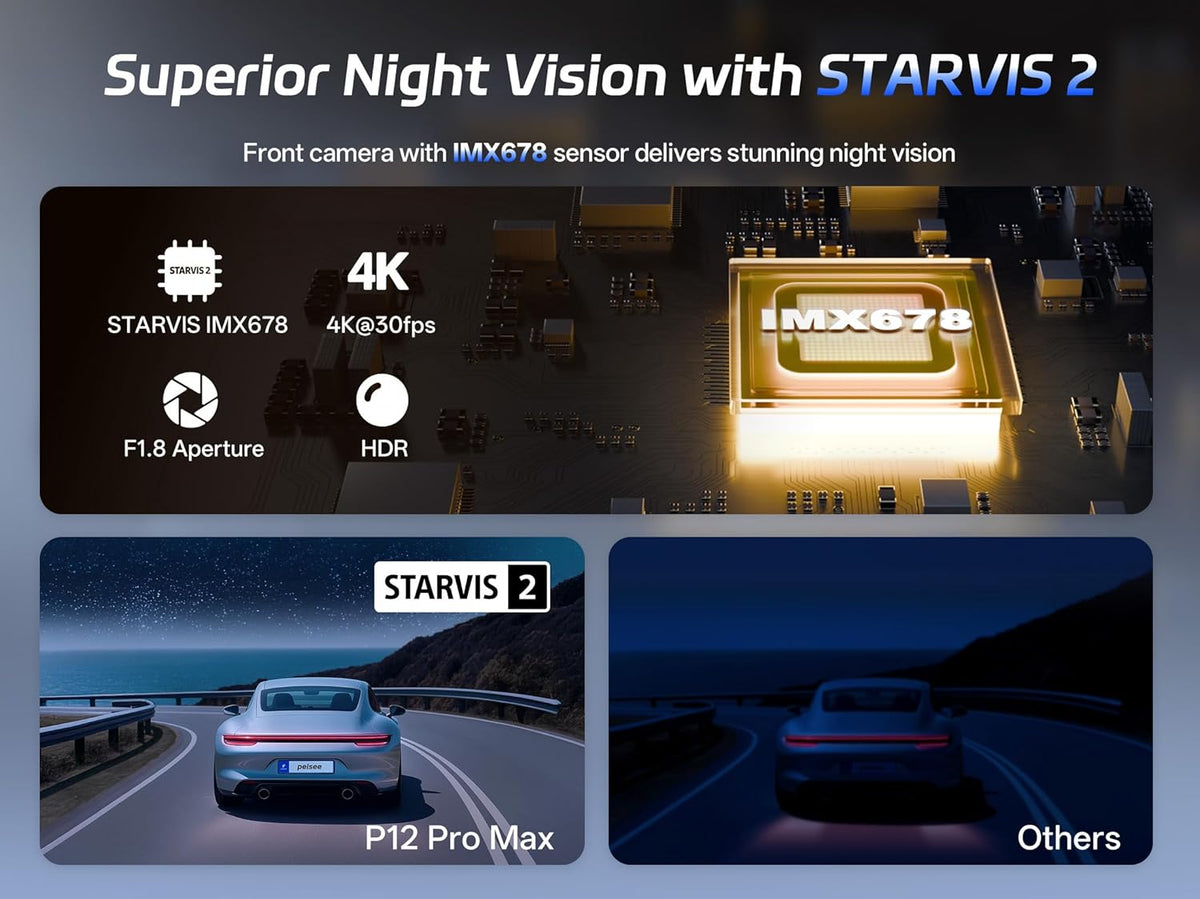 Caméra embarquée Pelsee 4K+2,5K doté de rétroviseur, caméra avant Starvis 2 IMX678 et caméra arrière IMX335 12 pouces, vision nocturne couleur, Wi-Fi 5,8 GHz, ADAS et BSD inclus, kit de câblage OBD, carte de stockage 128 Go, P12 Pro Max