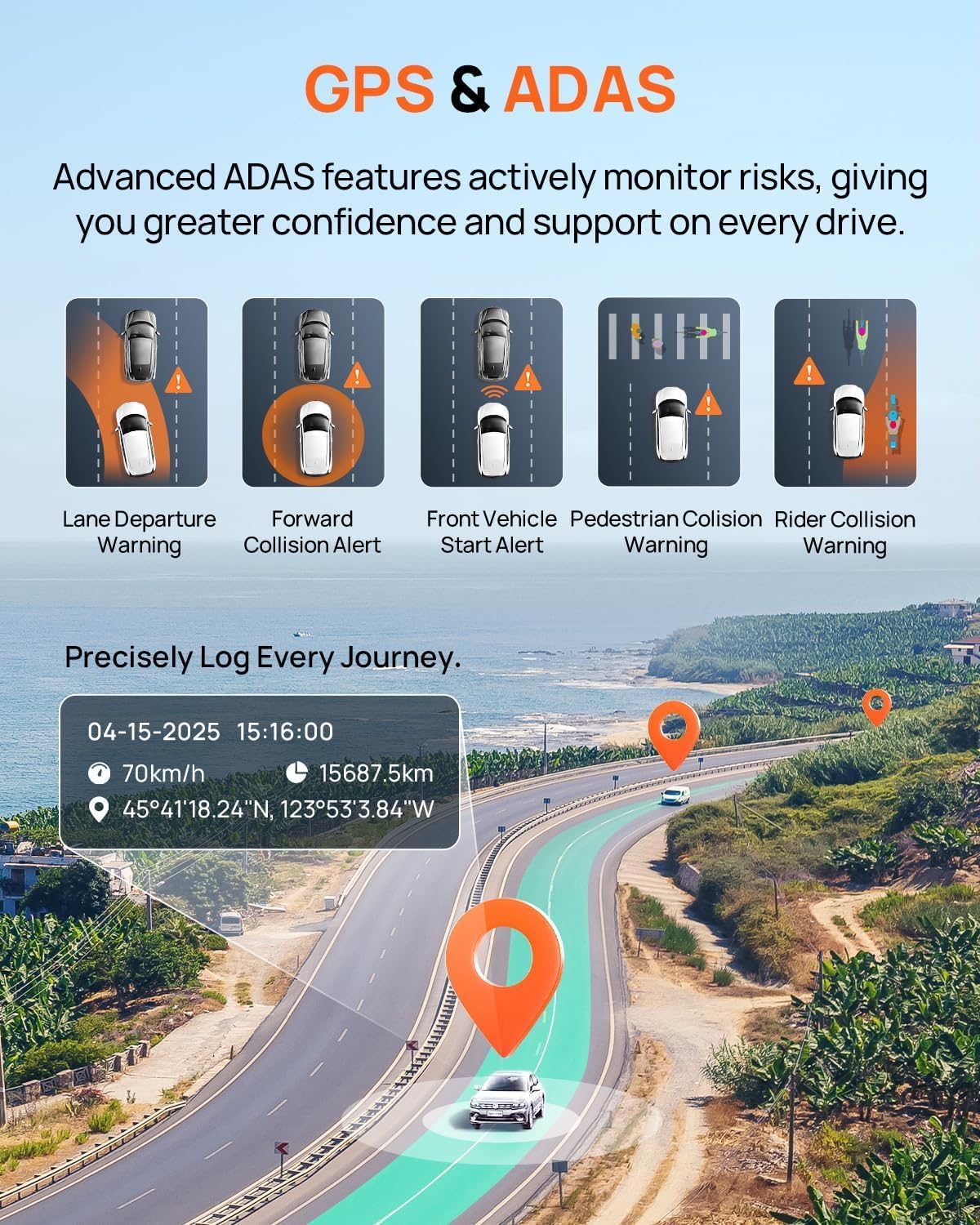 Caméra embarquée 70mai 4K doté de vision avant et arrière, Wi-Fi 6 et GPS intégrés, vision nocturne exceptionnelle, ADAS, écran IPS 3 pouces, mode parking 24h, enregistrement en boucle accéléré doté de carte 128 Go (A800SE)