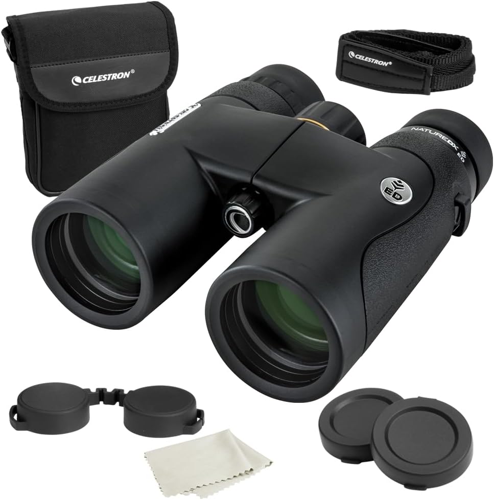Jumelles Celestron–Nature DX ED 10x42 Premium – Objectifs à très faible dispersion – Jumelles pour l'extérieur et l'observation des oiseaux – Traitement multicouche intégral avec prismes BaK-4 – Revêtement en caoutchouc – Jumelles antibuée et rési…