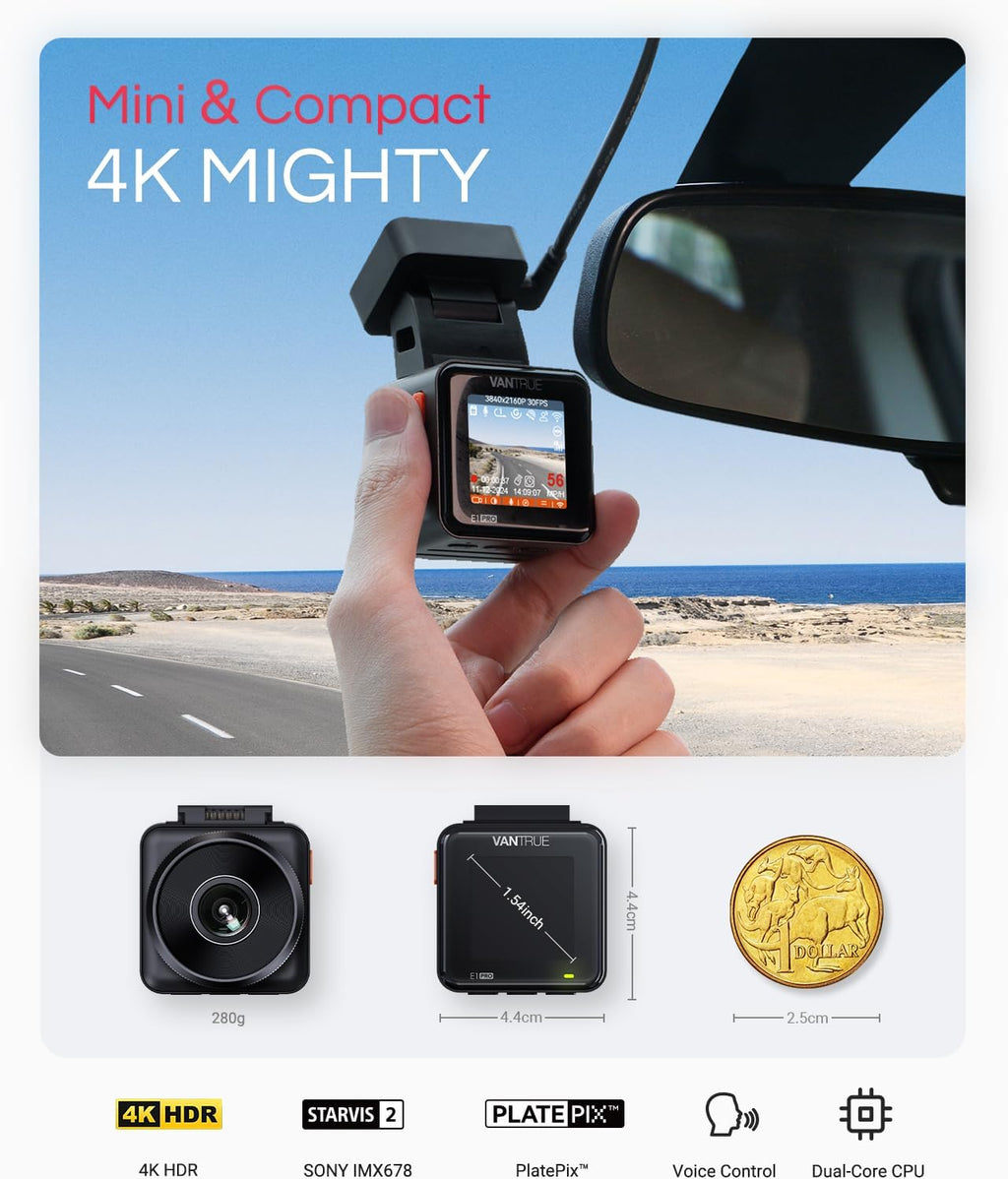 Caméra embarquée Vantrue E1 Pro 4K Mini avec vision nocturne HDR PlatePix, WiFi 5G intégré, GPS, écran IPS 1,54'', commande vocale, enregistrement en continu 24h/24 et 7j/7, mode parking, prise en charge jusqu'à 1 To de mémoire – Présentation