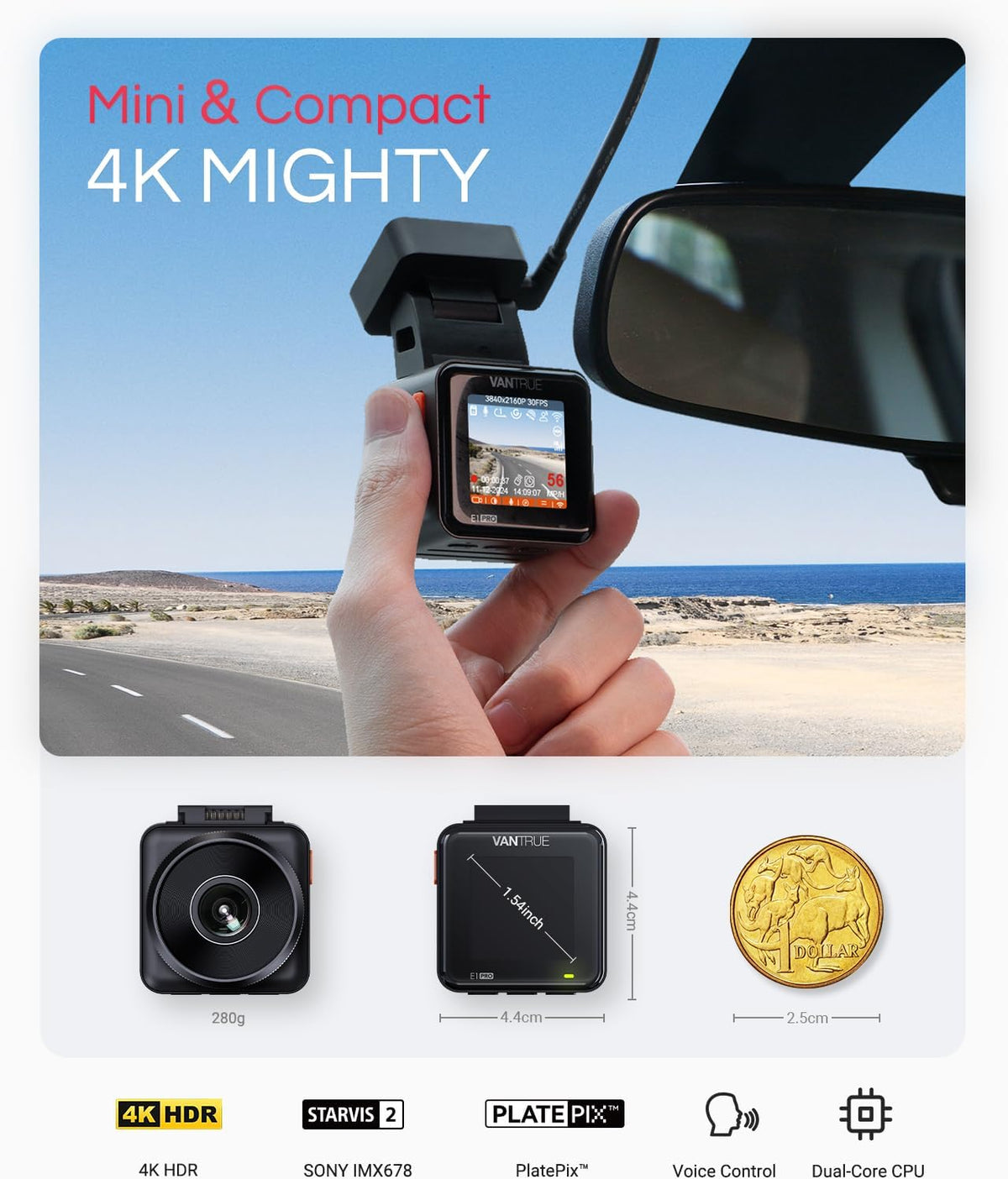 Caméra embarquée Vantrue E1 Pro 4K Mini avec vision nocturne HDR PlatePix, WiFi 5G intégré, GPS, écran IPS 1,54'', commande vocale, enregistrement en continu 24h/24 et 7j/7, mode parking, prise en charge jusqu'à 1 To de mémoire – Présentation