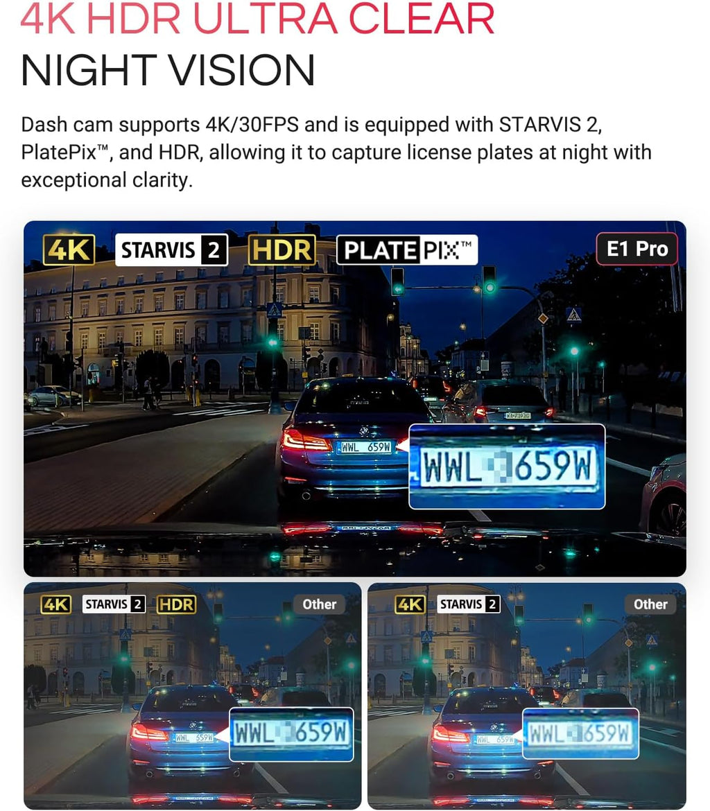 Caméra embarquée Vantrue E1 Pro 4K Mini avec vision nocturne HDR PlatePix, WiFi 5G intégré, GPS, écran IPS 1,54'', commande vocale, enregistrement en continu 24h/24 et 7j/7, mode parking, prise en charge jusqu'à 1 To de mémoire – Présentation