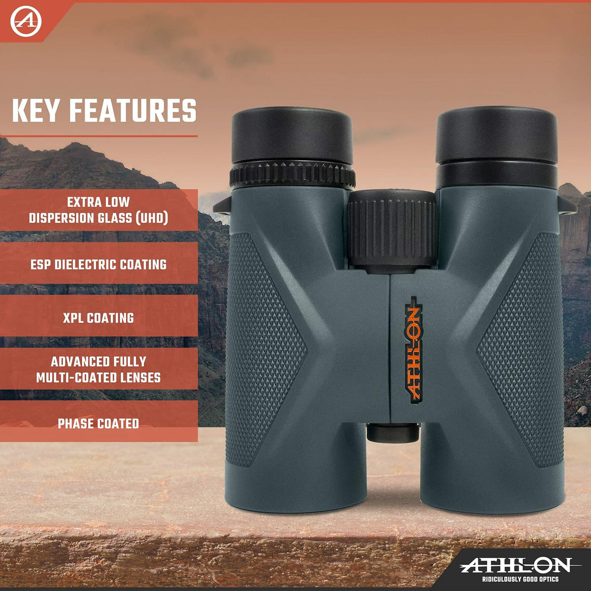 Jumelles Athlon Optics 8x42 Midas UHD grises doté de verres ED pour toute la famille. Jumelles haute puissance idéales pour la chasse, l'observation des oiseaux et bien plus encore.