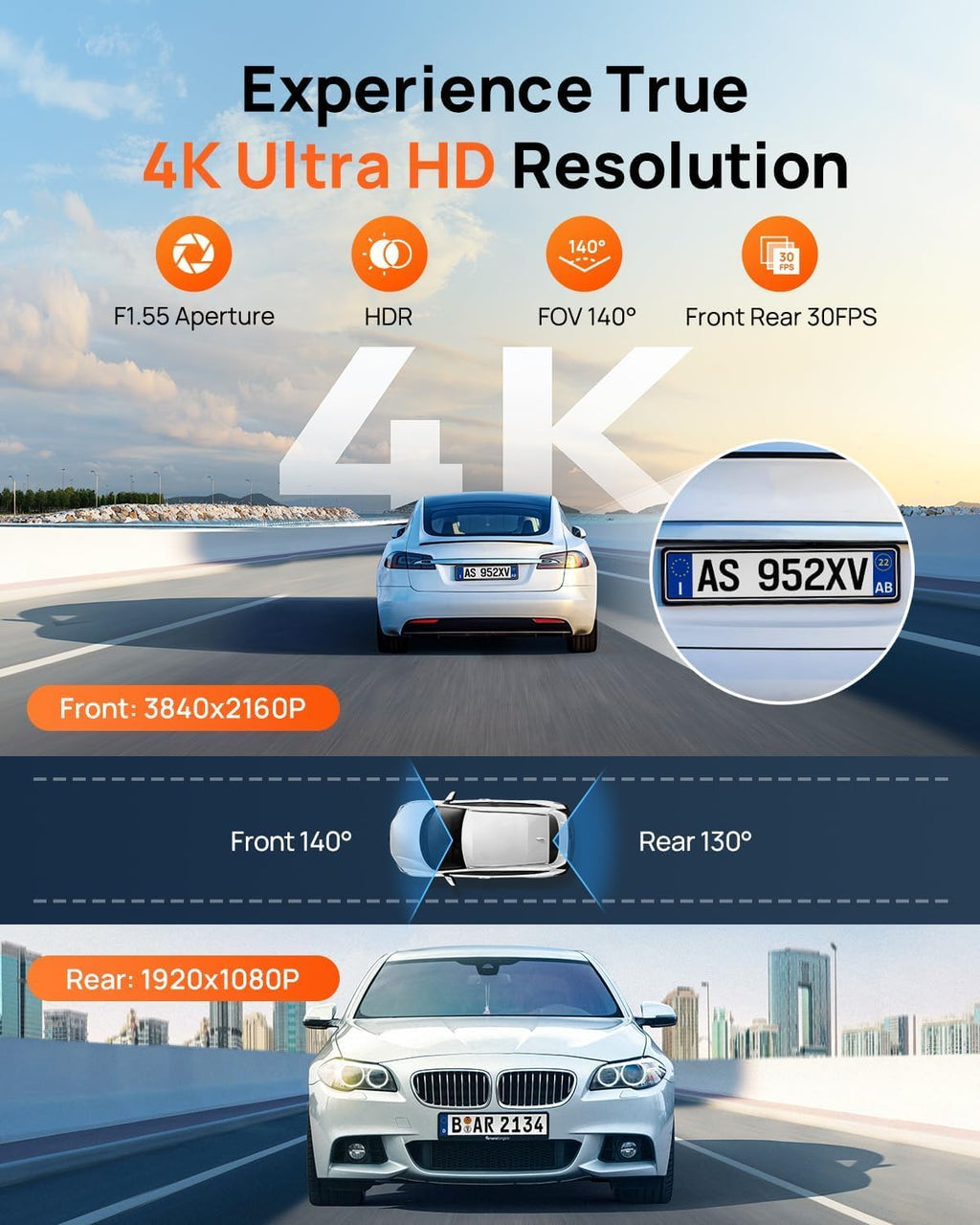 Caméra embarquée 70mai 4K doté de vision avant et arrière, Wi-Fi 6 et GPS intégrés, vision nocturne exceptionnelle, ADAS, écran IPS 3 pouces, mode parking 24h, enregistrement en boucle accéléré doté de carte 128 Go (A800SE)