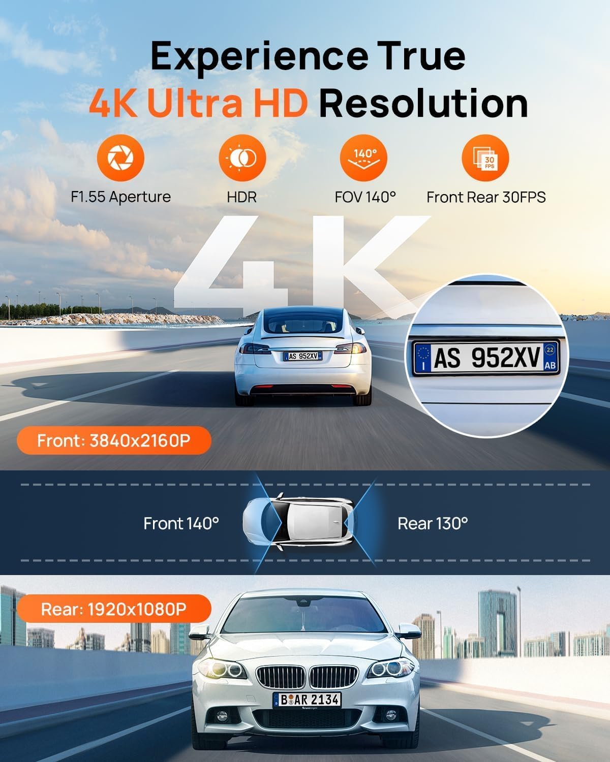 Caméra embarquée 70mai 4K doté de vision avant et arrière, Wi-Fi 6 et GPS intégrés, vision nocturne exceptionnelle, ADAS, écran IPS 3 pouces, mode parking 24h, enregistrement en boucle accéléré doté de carte 128 Go (A800SE)