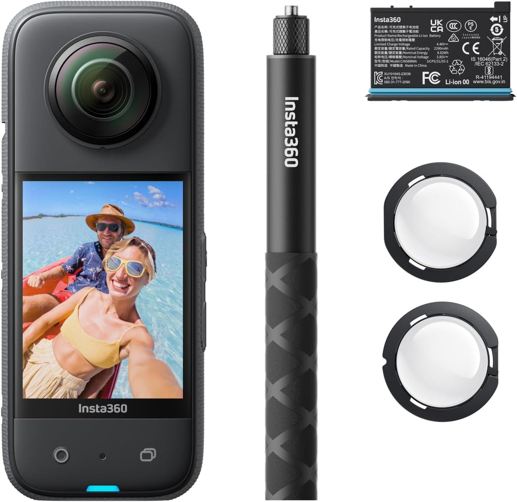 Kit de démarrage Insta360 X3 - Caméra sportive 360° résistant à l’eau avec capteur 1/2 pouce, vidéos 360° 5,7K, 72 MP, stabilisation vidéo, écran tactile 2,29 pouces, retour haptique, montage IA, streaming en direct