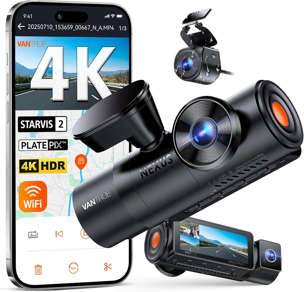 Caméra embarquée Vantrue N4 Pro S 4K à 3 canaux doté de triple STARVIS 2 : caméra avant, intérieure et arrière 4K + 1080p + 2,5K, vision nocturne infrarouge HDR double canal, commande vocale, mode parking, GPS, Wi-Fi et disque dur de 1 To.