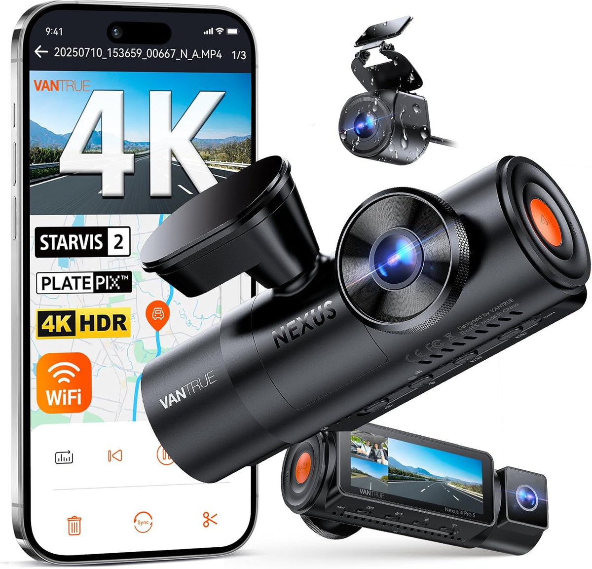 Caméra embarquée Vantrue N4 Pro S 4K à 3 canaux doté de triple STARVIS 2 : caméra avant, intérieure et arrière 4K + 1080p + 2,5K, vision nocturne infrarouge HDR double canal, commande vocale, mode parking, GPS, Wi-Fi et disque dur de 1 To.