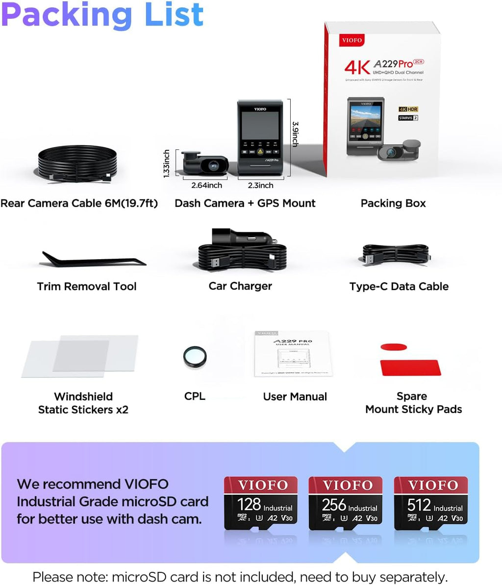 Caméra embarquée VIOFO A229 Pro 4K HDR, double capteur STARVIS 2 IMX678/IMX675, caméra avant et arrière 4K+2K, 2 canaux, HDR, commande vocale, Wi-Fi 5 GHz, GPS, vision nocturne 2.0, mode parking 24h – Présentation