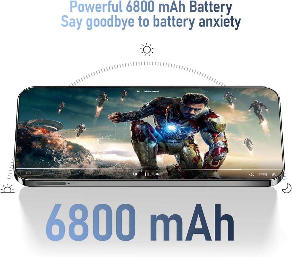 Téléphone portable Android I24 Ultra débloqué, 8 Go + 256 Go, écran HD 7 pouces, double caméra 108 MP + 48 MP, batterie extra large 6800 mAh, 5G, double SIM (Titane Bleu profond) – Présentation